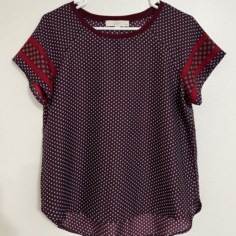 LOFT Blue and Red Polka Dot Blouse